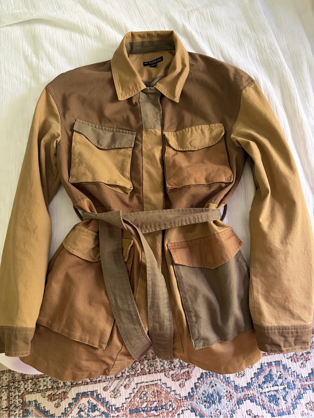 100% cotton patchwork belted chore jacket